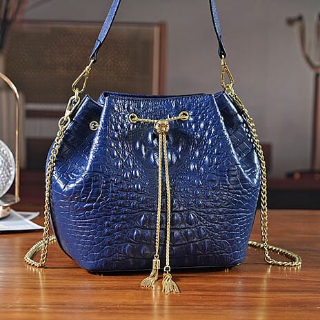 La Marey Genuine Leather Crocodile Embossed Handbag With Spiga Chain Cord and Curb Link Crossbody Strap - Blue