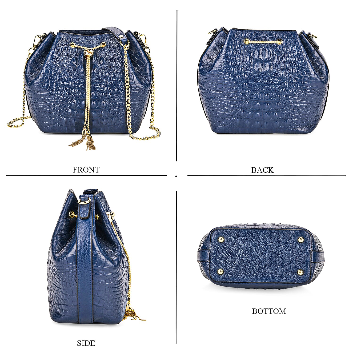 La Marey Genuine Leather Crocodile Embossed Handbag With Spiga Chain Cord and Curb Link Crossbody Strap - Blue