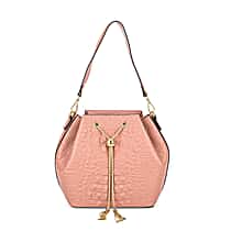 La Marey Genuine Leather Crocodile Embossed Handbag With Spiga Chain Cord and Curb Link Crossbody Strap - Pink