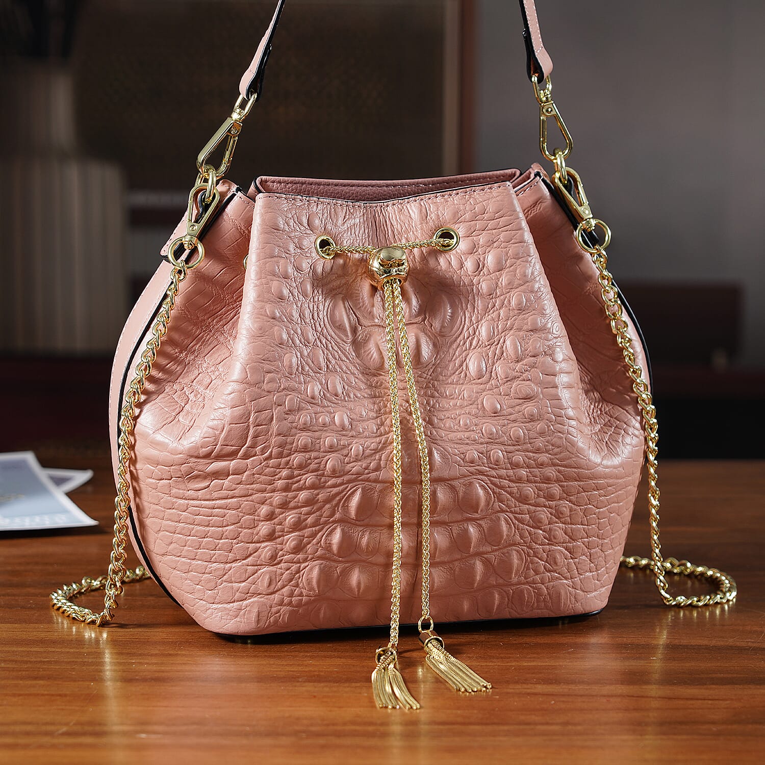 La Marey Genuine Leather Crocodile Embossed Handbag With Spiga Chain Cord and Curb Link Crossbody Strap- Pink