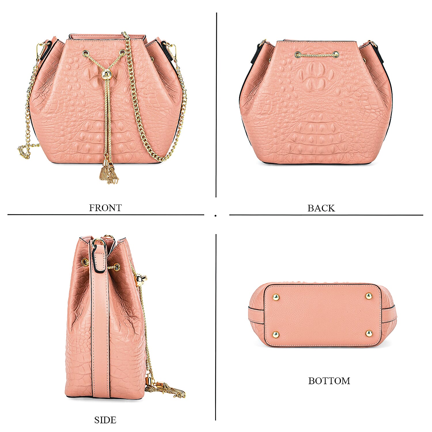 La Marey Genuine Leather Crocodile Embossed Handbag With Spiga Chain Cord and Curb Link Crossbody Strap- Pink