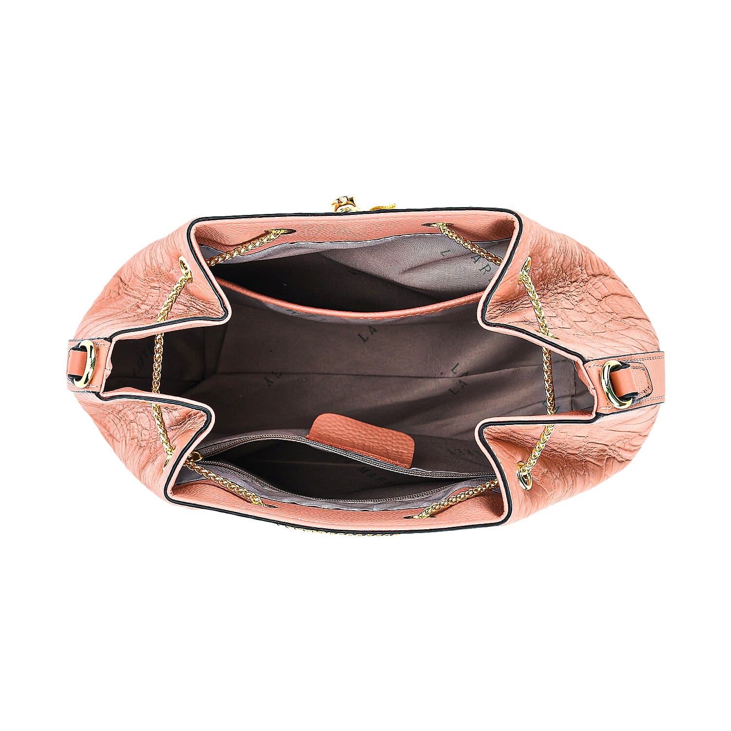 La Marey Genuine Leather Crocodile Embossed Handbag With Spiga Chain Cord and Curb Link Crossbody Strap- Pink