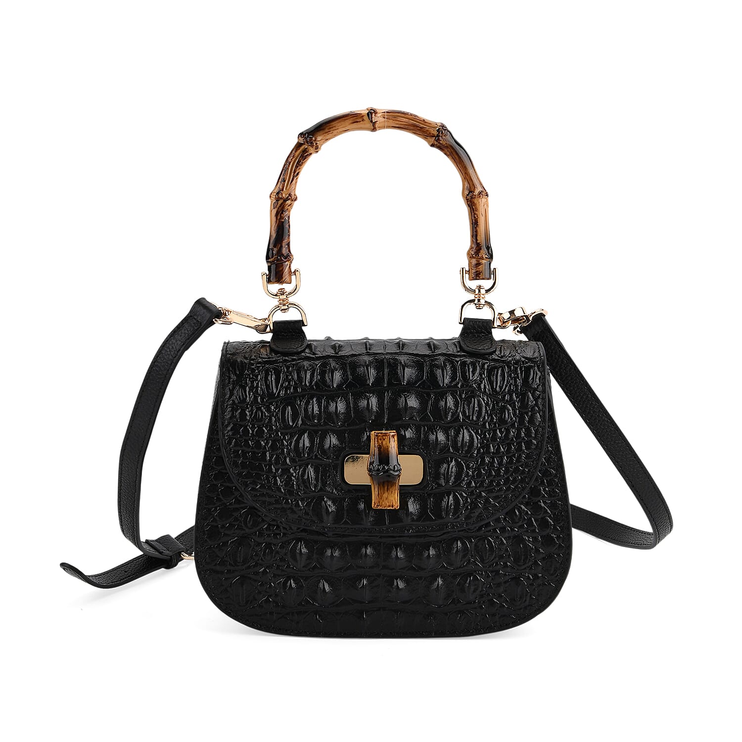 La Marey Snakeskin Embossed Genuine Leather Mini  Satchel Bag with Bamboo Handle - Black
