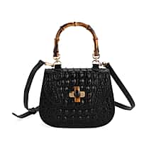 La Marey Snakeskin Embossed Genuine Leather Mini Satchel Bag with Bamboo Handle - Black