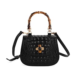 La Marey Snakeskin Embossed Genuine Leather Mini Satchel Bag with Bamboo Handle - Black
