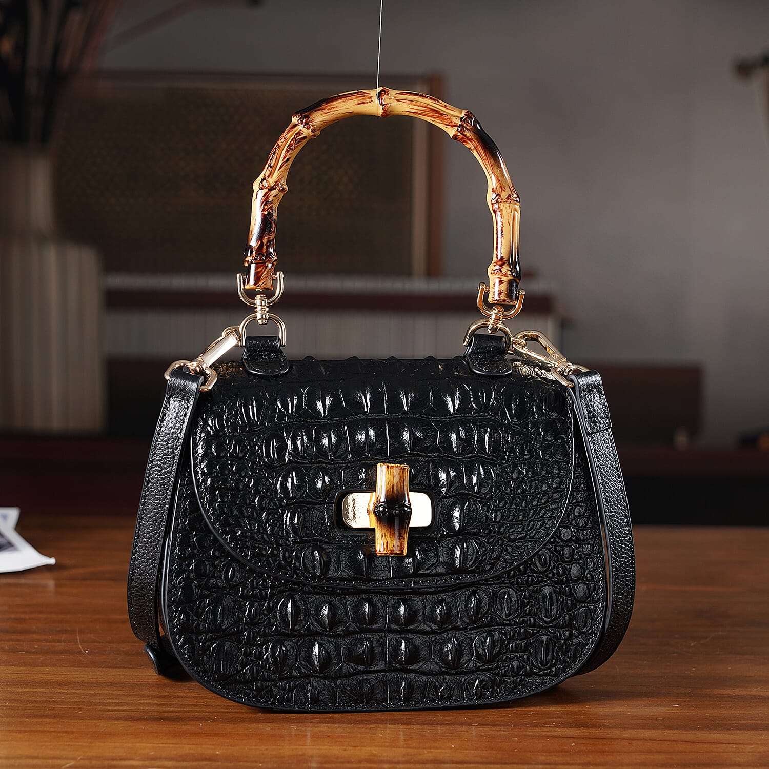 La Marey Snakeskin Embossed Genuine Leather Mini  Satchel Bag with Bamboo Handle - Black