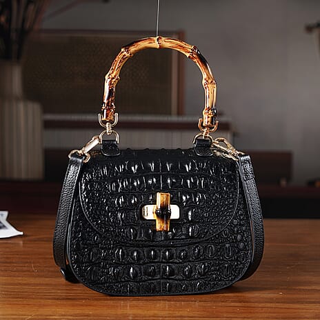 La Marey Snakeskin Embossed Genuine Leather Mini  Satchel Bag with Bamboo Handle - Black