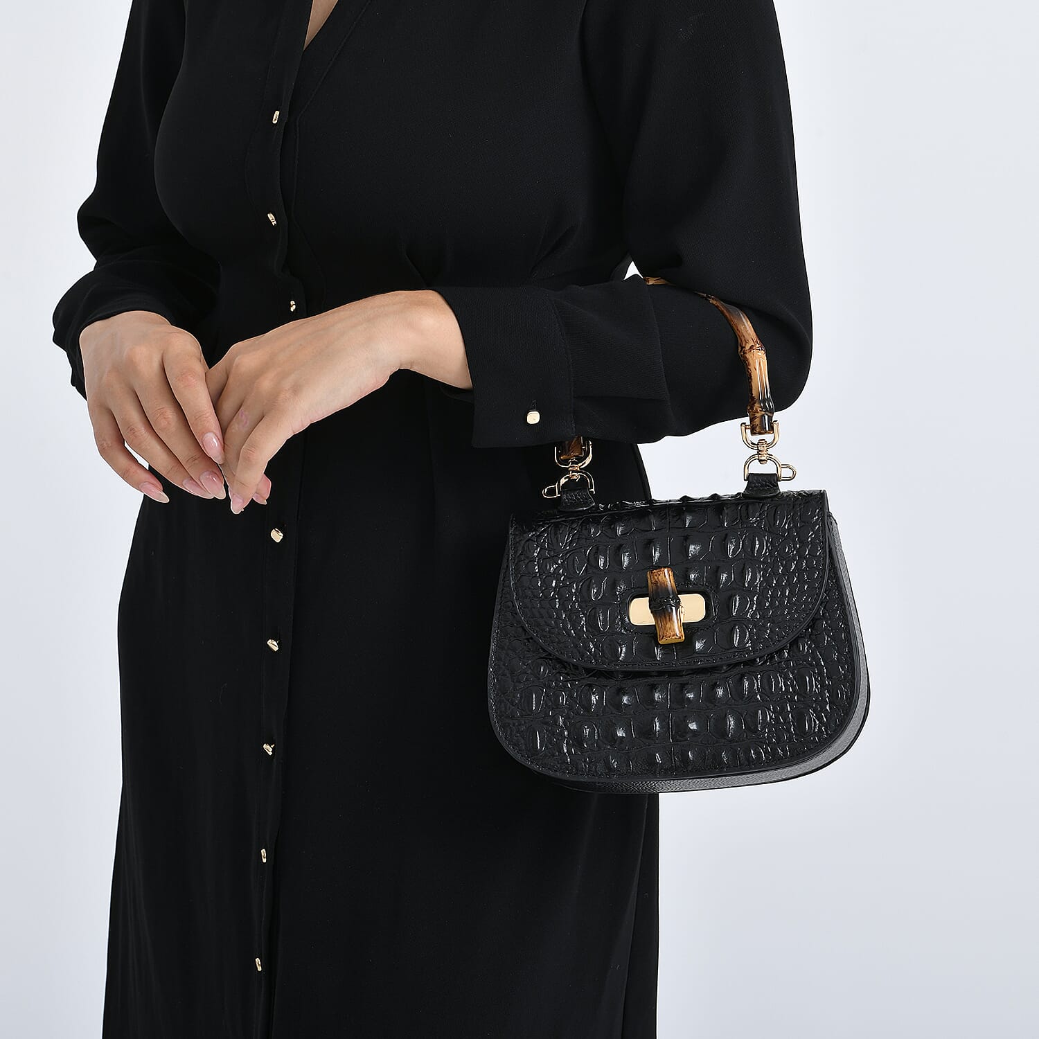 La Marey Snakeskin Embossed Genuine Leather Mini  Satchel Bag with Bamboo Handle - Black