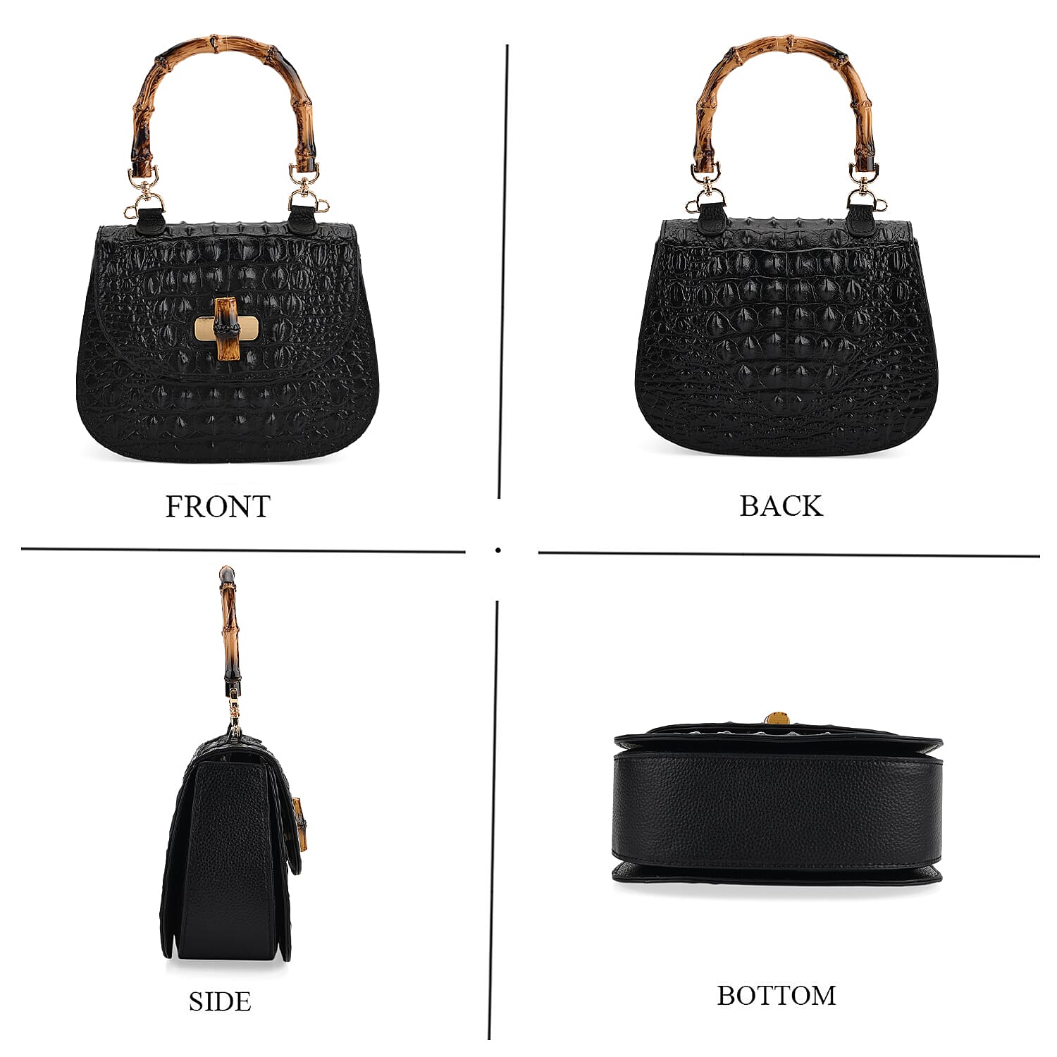 La Marey Snakeskin Embossed Genuine Leather Mini  Satchel Bag with Bamboo Handle - Black