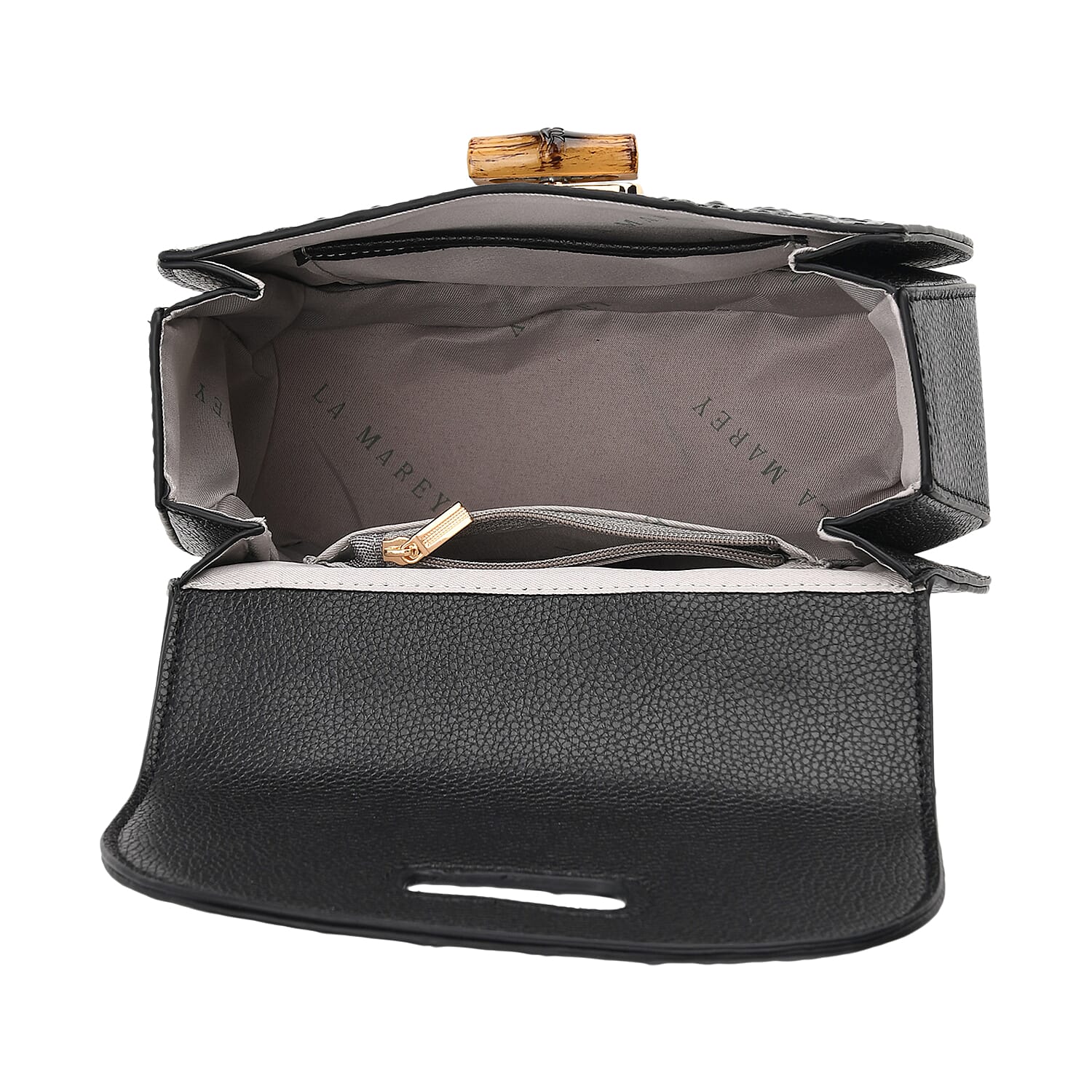 La Marey Snakeskin Embossed Genuine Leather Mini  Satchel Bag with Bamboo Handle - Black