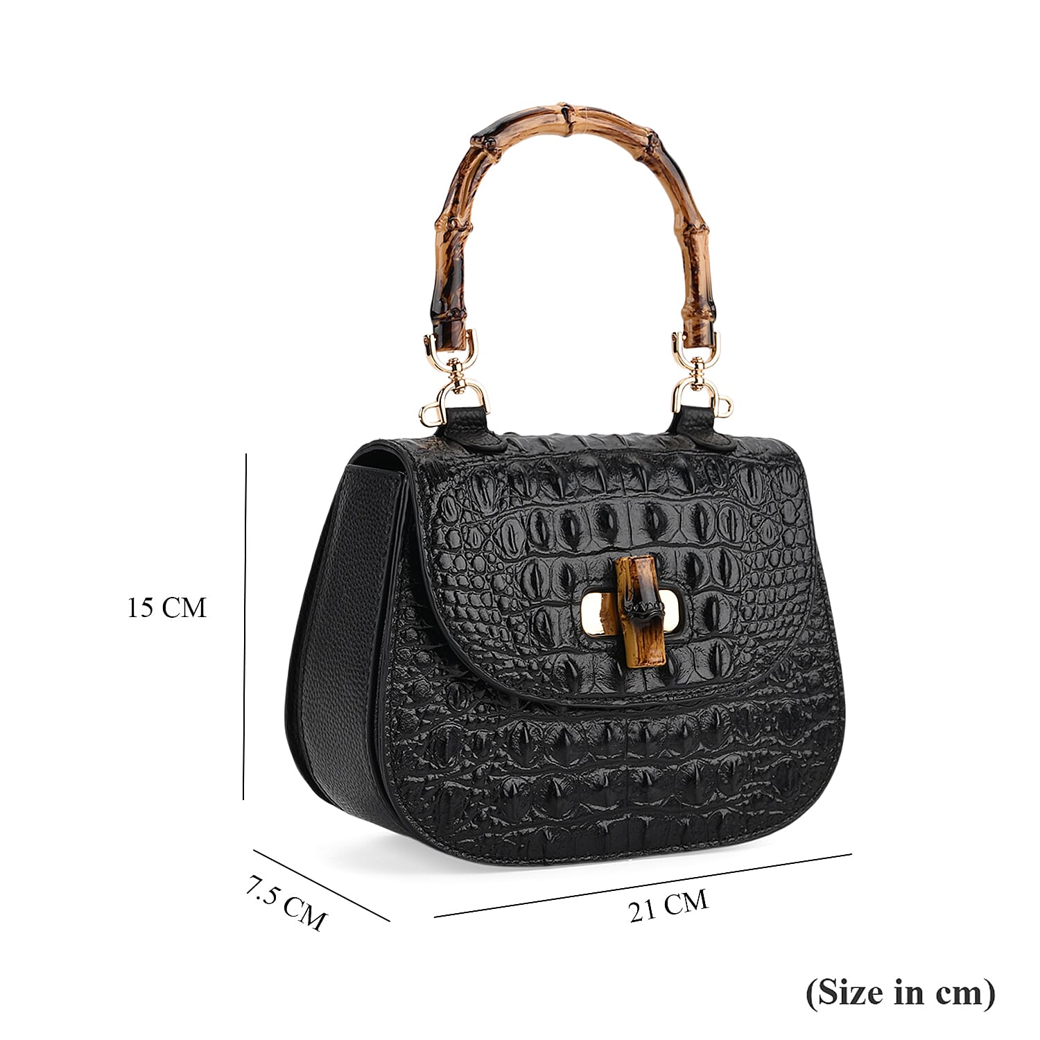 La Marey Snakeskin Embossed Genuine Leather Mini  Satchel Bag with Bamboo Handle - Black