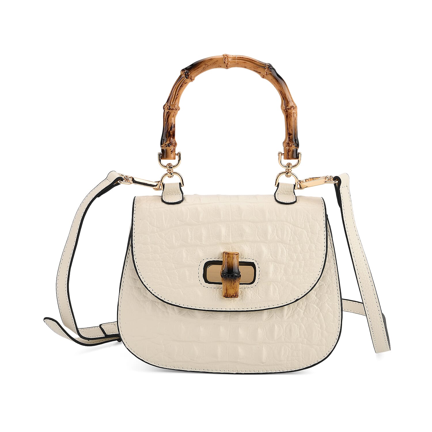 La Marey Snakeskin Embossed Genuine Leather Mini  Satchel Bag with Bamboo Handle - White