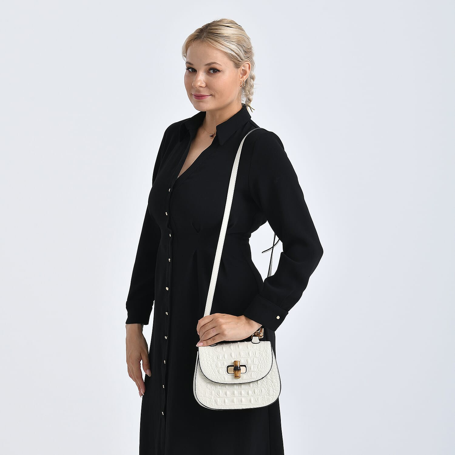 La Marey Snakeskin Embossed Genuine Leather Mini  Satchel Bag with Bamboo Handle - White