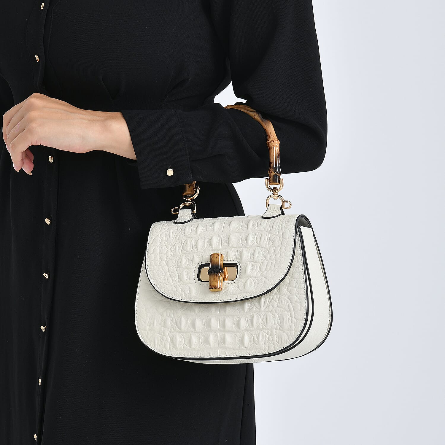 La Marey Snakeskin Embossed Genuine Leather Mini  Satchel Bag with Bamboo Handle - White