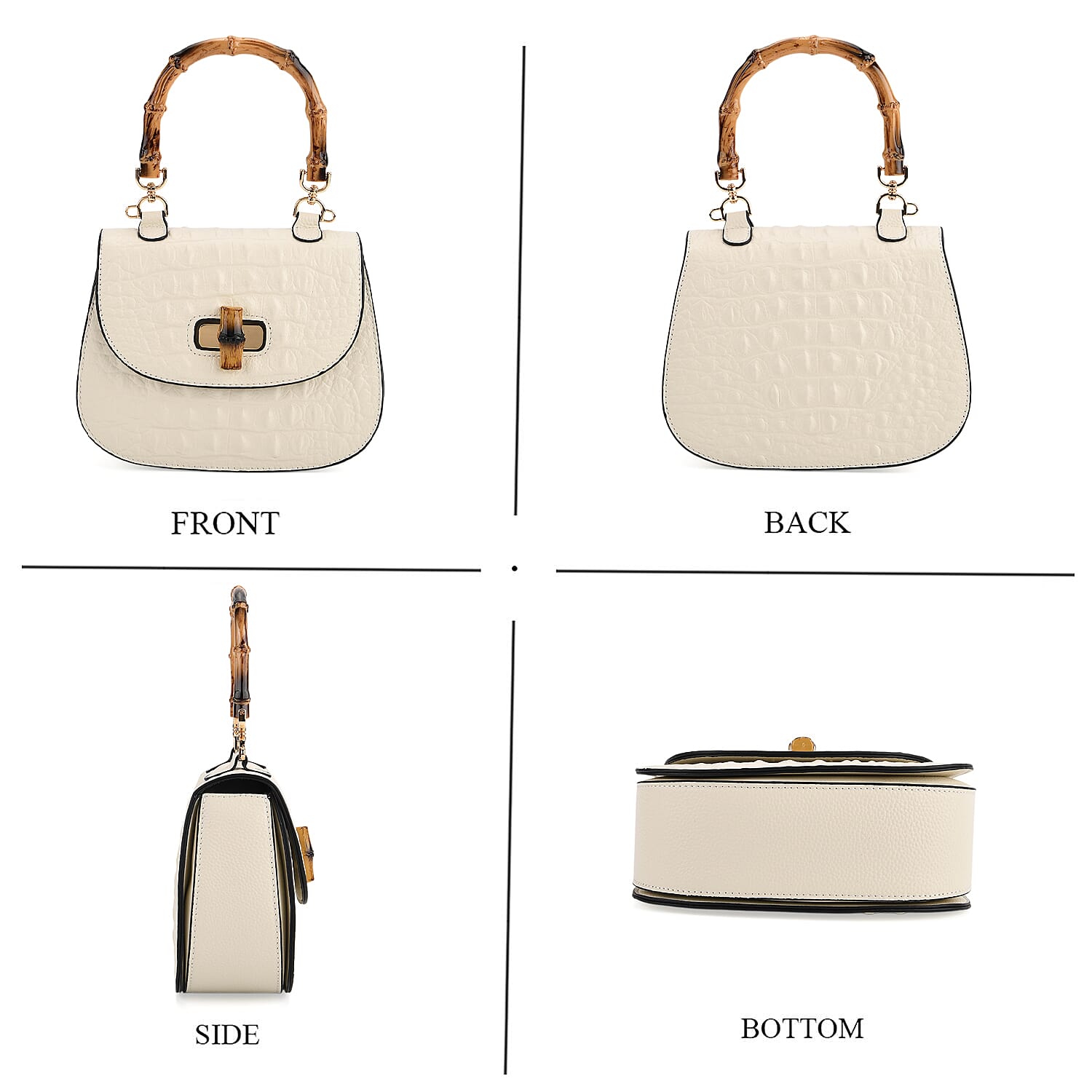 La Marey Snakeskin Embossed Genuine Leather Mini  Satchel Bag with Bamboo Handle - White