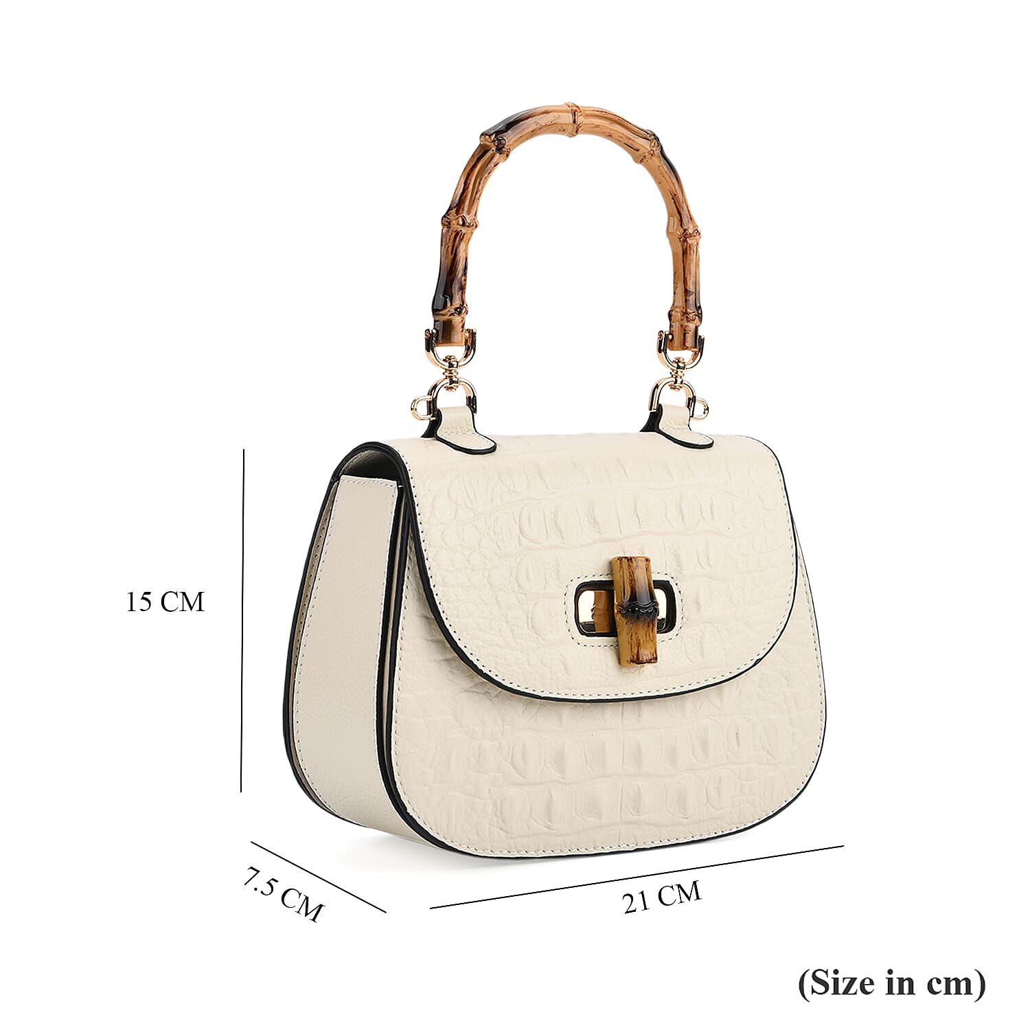 La Marey Snakeskin Embossed Genuine Leather Mini  Satchel Bag with Bamboo Handle - White