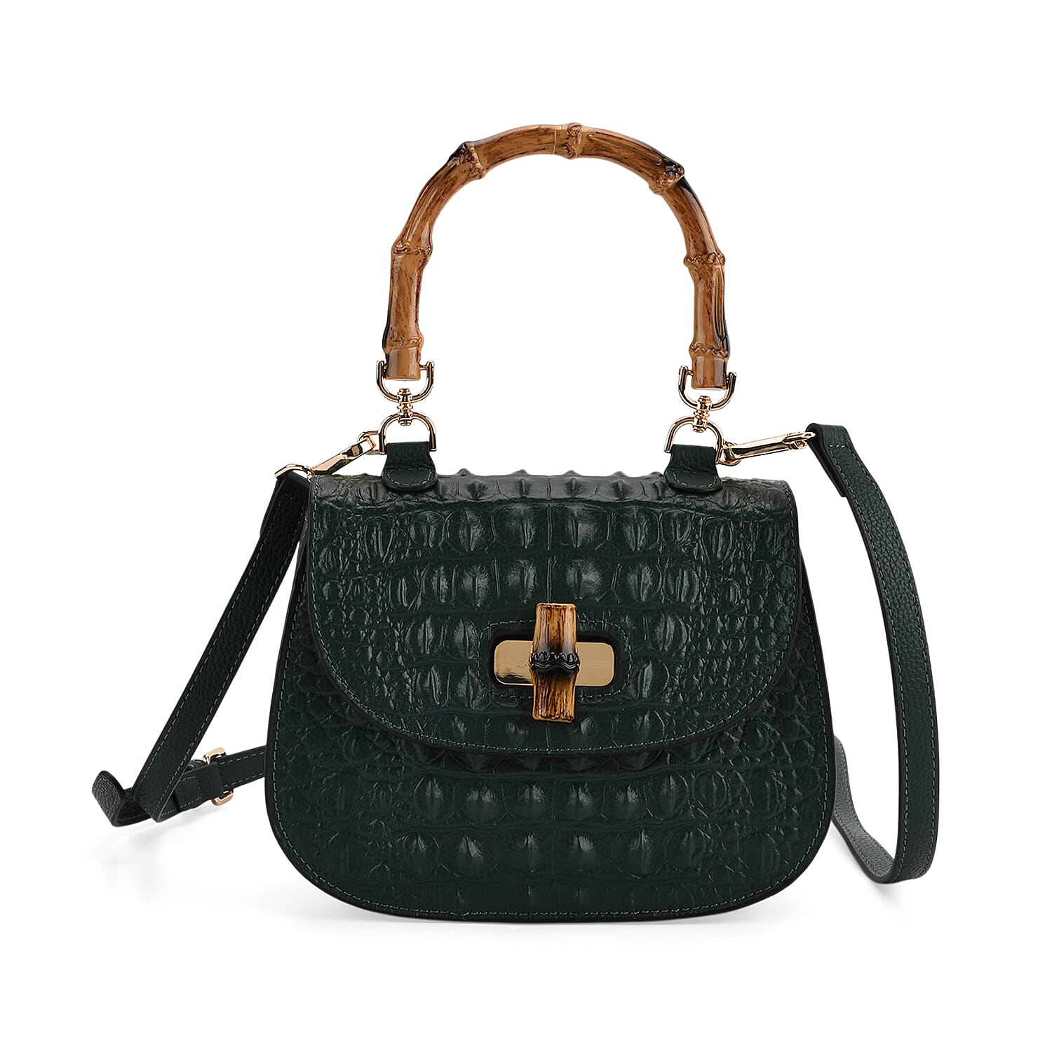 La Marey Snakeskin Embossed Genuine Leather Mini  Satchel Bag with Bamboo Handle - Green
