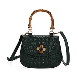 La Marey Snakeskin Embossed Genuine Leather Mini Satchel Bag with Bamboo Handle - Black
