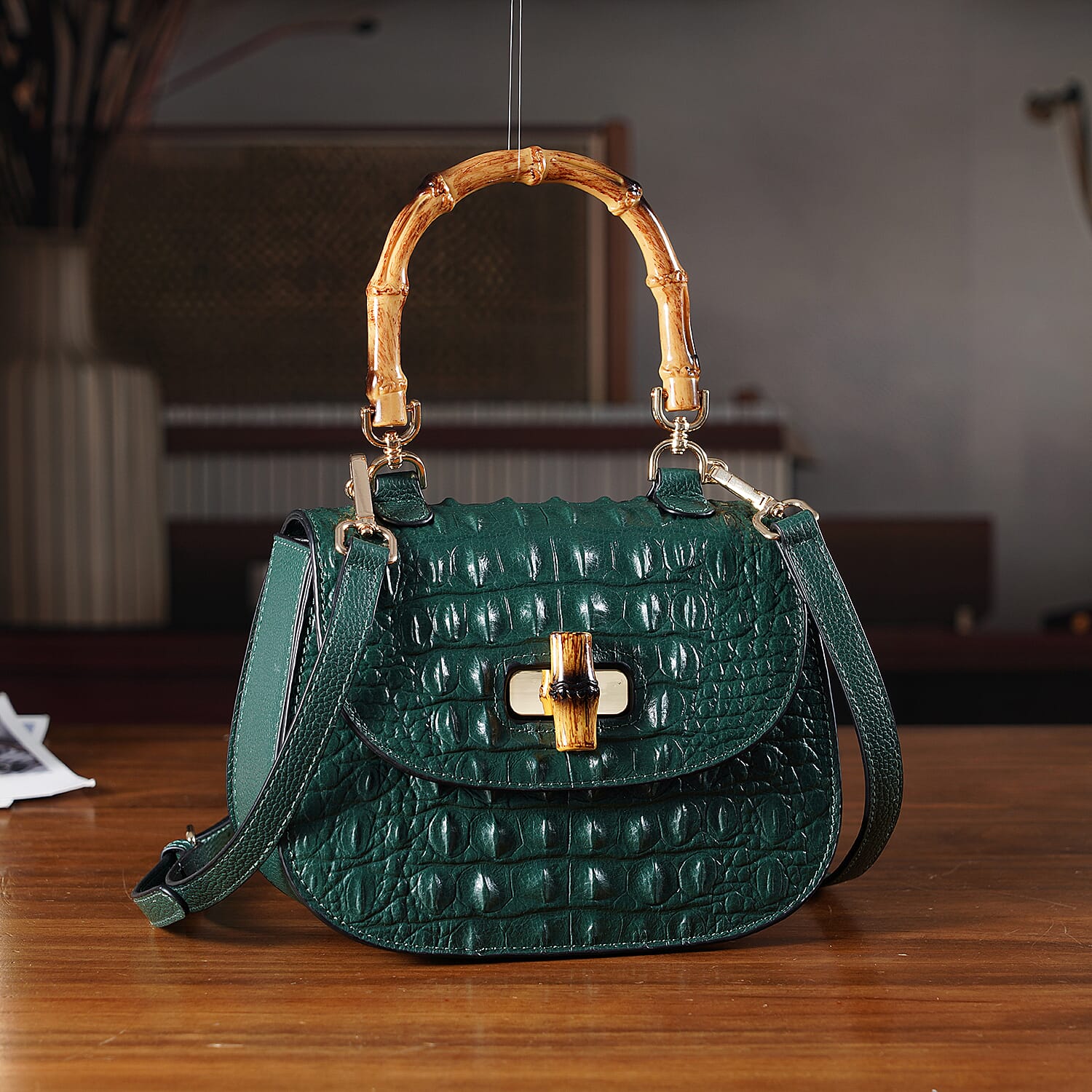 La Marey Snakeskin Embossed Genuine Leather Mini  Satchel Bag with Bamboo Handle - Green