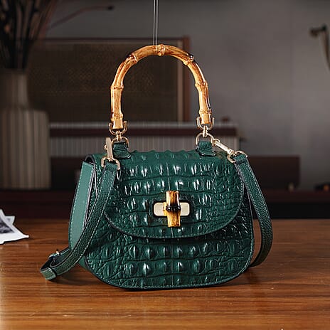 La Marey Snakeskin Embossed Genuine Leather Mini  Satchel Bag with Bamboo Handle - Green