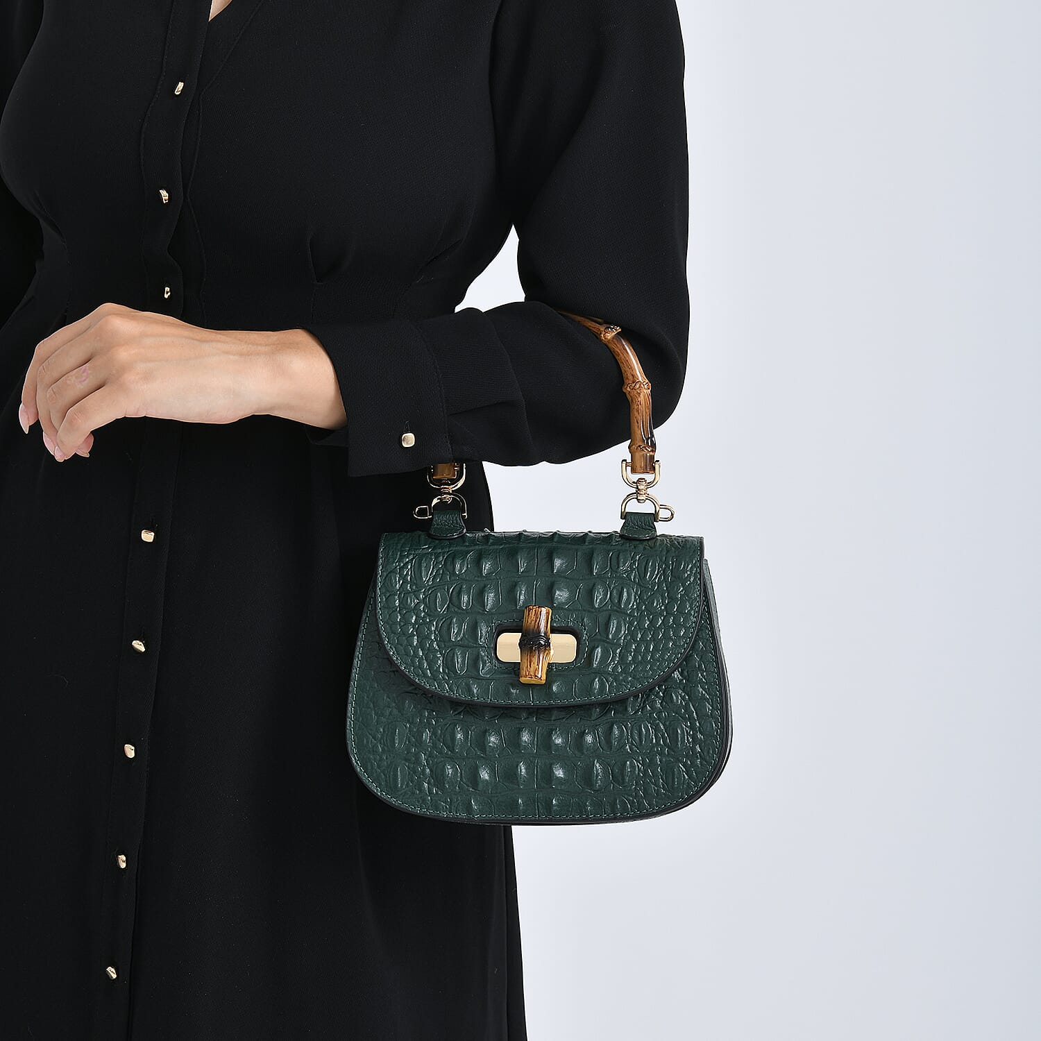 La Marey Snakeskin Embossed Genuine Leather Mini  Satchel Bag with Bamboo Handle - Green