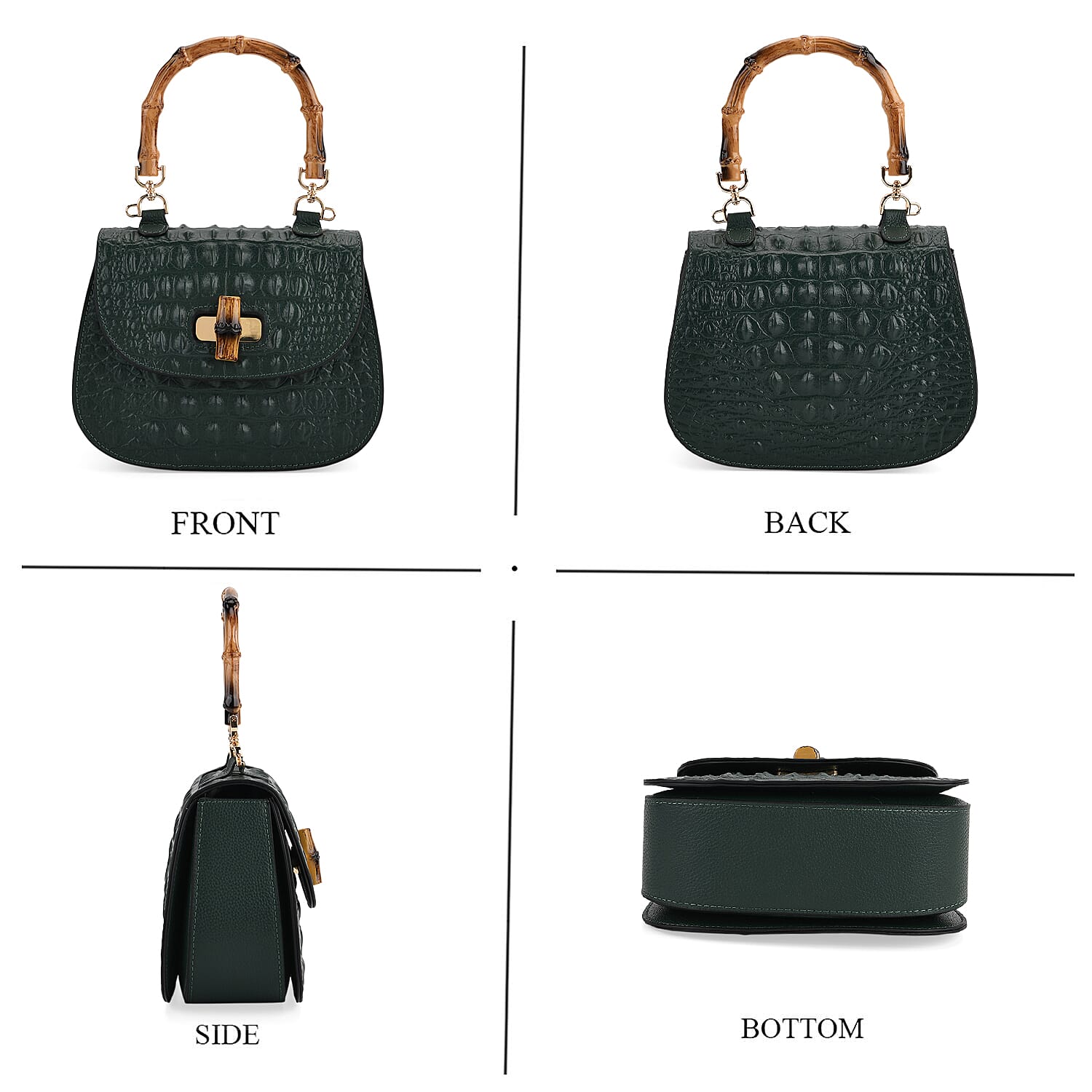 La Marey Snakeskin Embossed Genuine Leather Mini  Satchel Bag with Bamboo Handle - Green