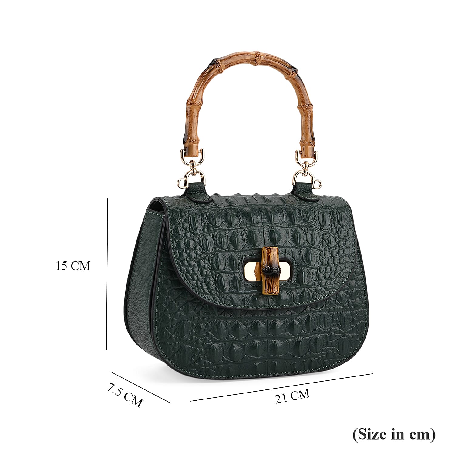 La Marey Snakeskin Embossed Genuine Leather Mini  Satchel Bag with Bamboo Handle - Green