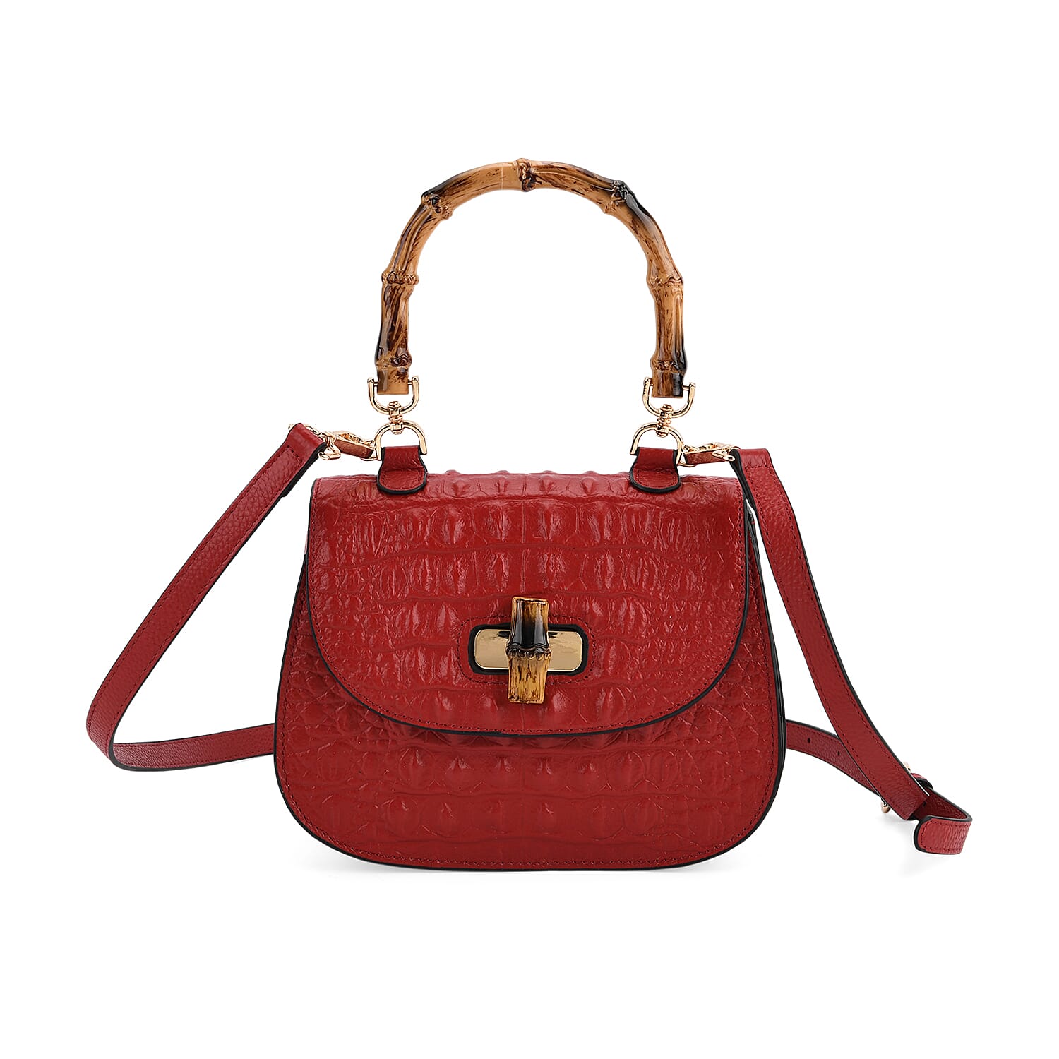 La Marey Snakeskin Embossed Genuine Leather Mini  Satchel Bag with Bamboo Handle - Red