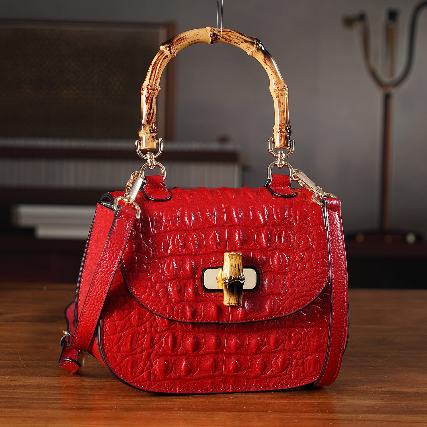 La Marey Snakeskin Embossed Genuine Leather Mini  Satchel Bag with Bamboo Handle - Red