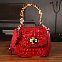La Marey Snakeskin Embossed Genuine Leather Mini  Satchel Bag with Bamboo Handle - Red