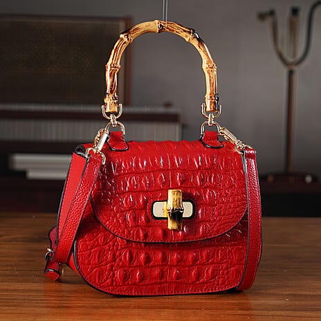 La Marey Snakeskin Embossed Genuine Leather Mini  Satchel Bag with Bamboo Handle - Red