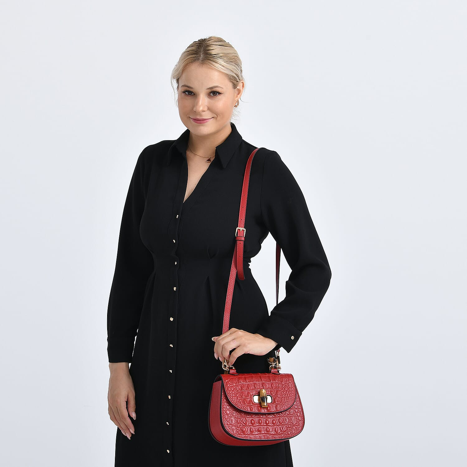 La Marey Snakeskin Embossed Genuine Leather Mini  Satchel Bag with Bamboo Handle - Red