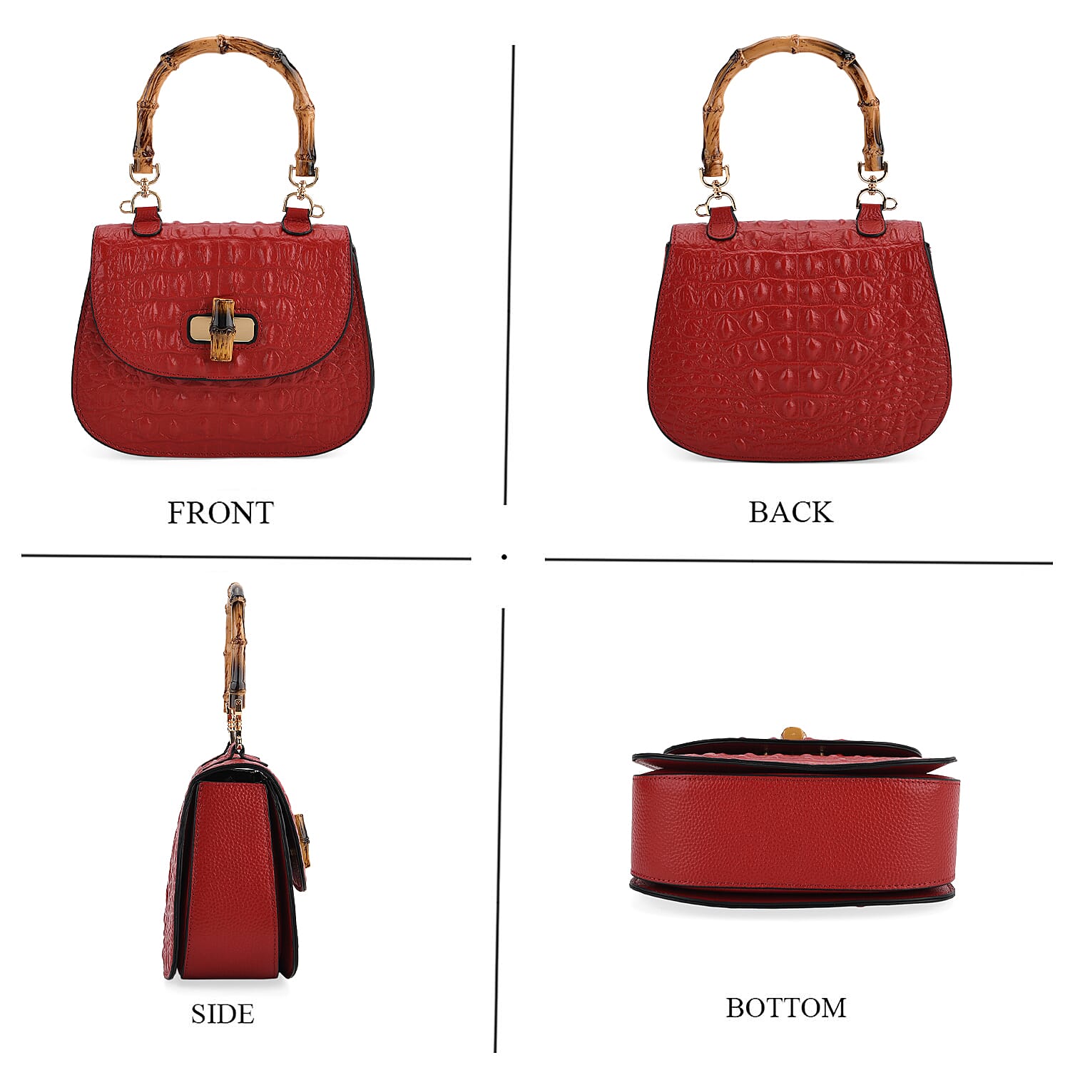 La Marey Snakeskin Embossed Genuine Leather Mini  Satchel Bag with Bamboo Handle - Red