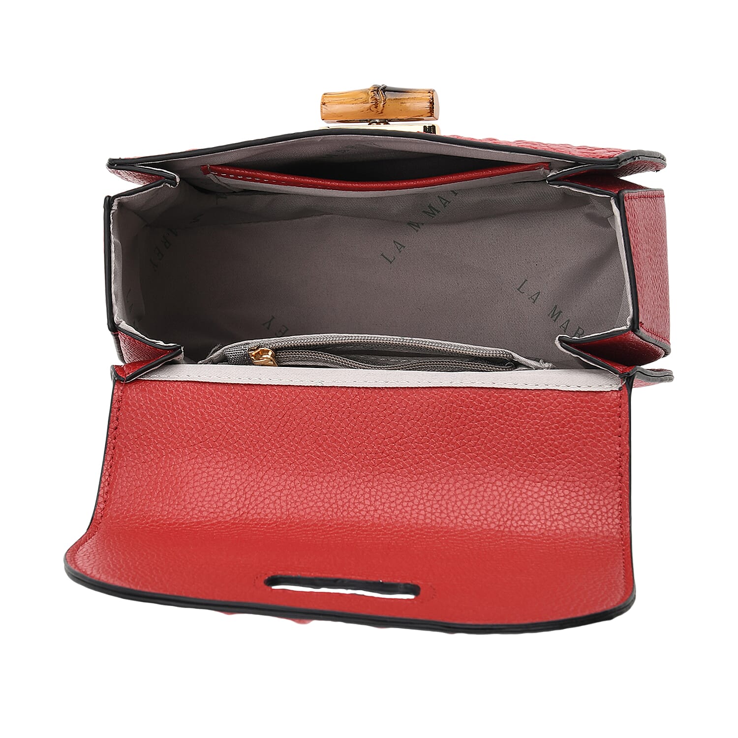 La Marey Snakeskin Embossed Genuine Leather Mini  Satchel Bag with Bamboo Handle - Red