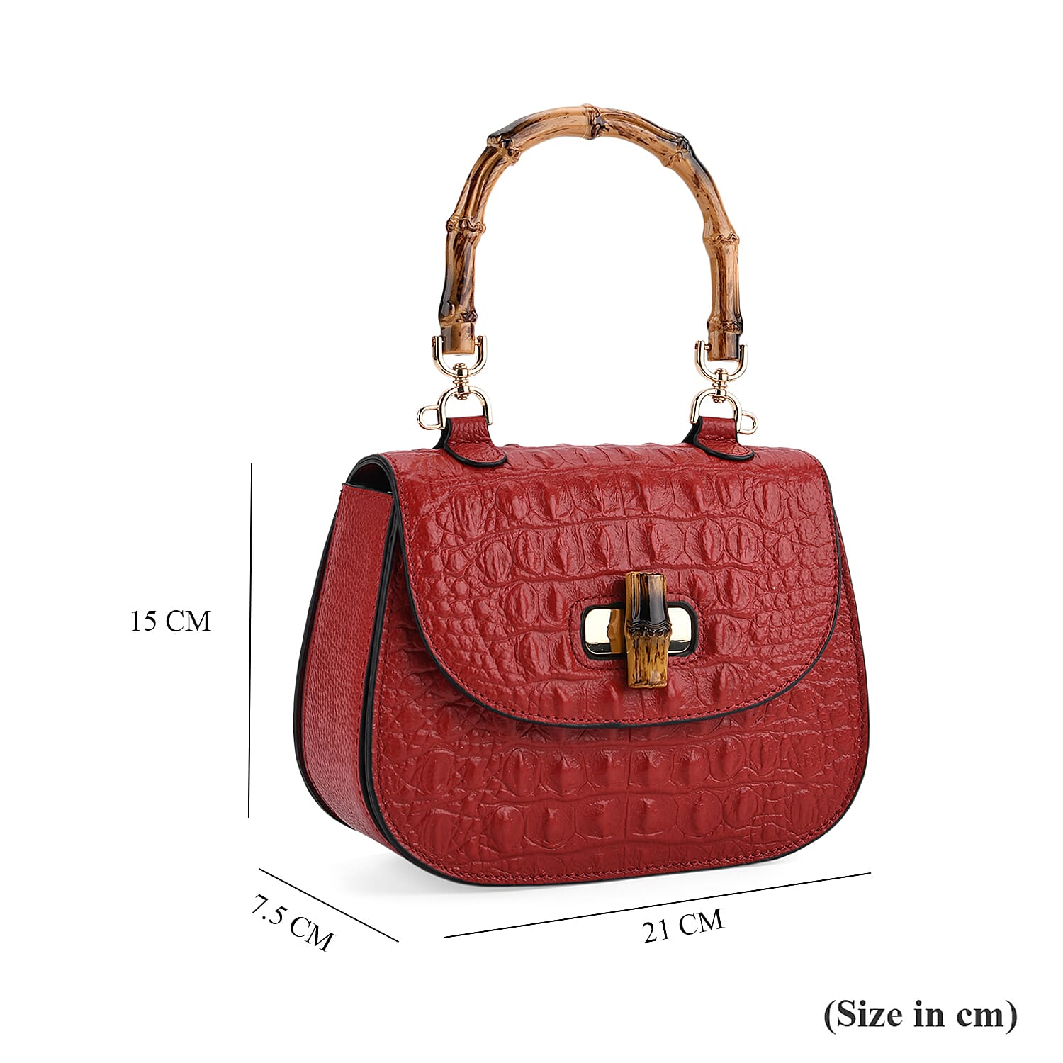La Marey Snakeskin Embossed Genuine Leather Mini  Satchel Bag with Bamboo Handle - Red
