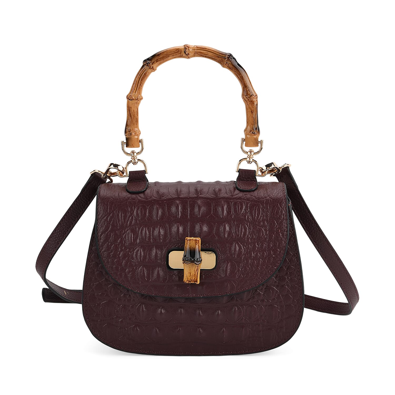 La Marey Snakeskin Embossed Genuine Leather Mini  Satchel Bag with Bamboo Handle - Dark Plum