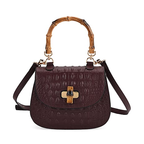 La Marey Snakeskin Embossed Genuine Leather Mini  Satchel Bag with Bamboo Handle - Dark Plum
