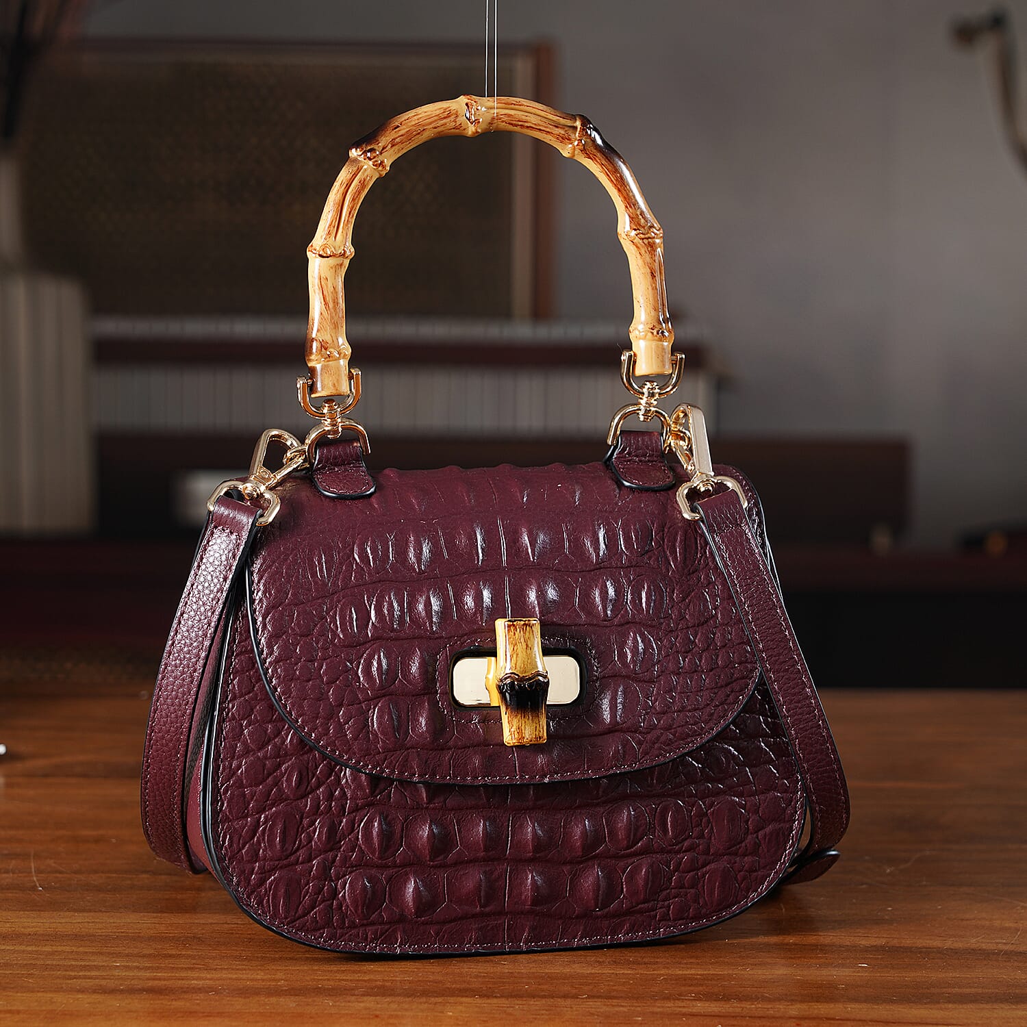 La Marey Snakeskin Embossed Genuine Leather Mini  Satchel Bag with Bamboo Handle - Dark Plum