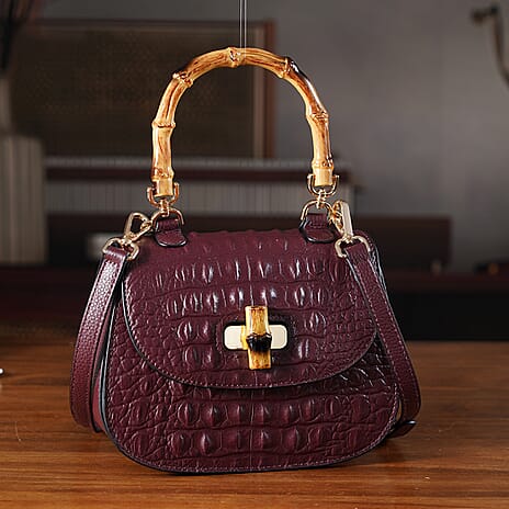La Marey Snakeskin Embossed Genuine Leather Mini  Satchel Bag with Bamboo Handle - Dark Plum