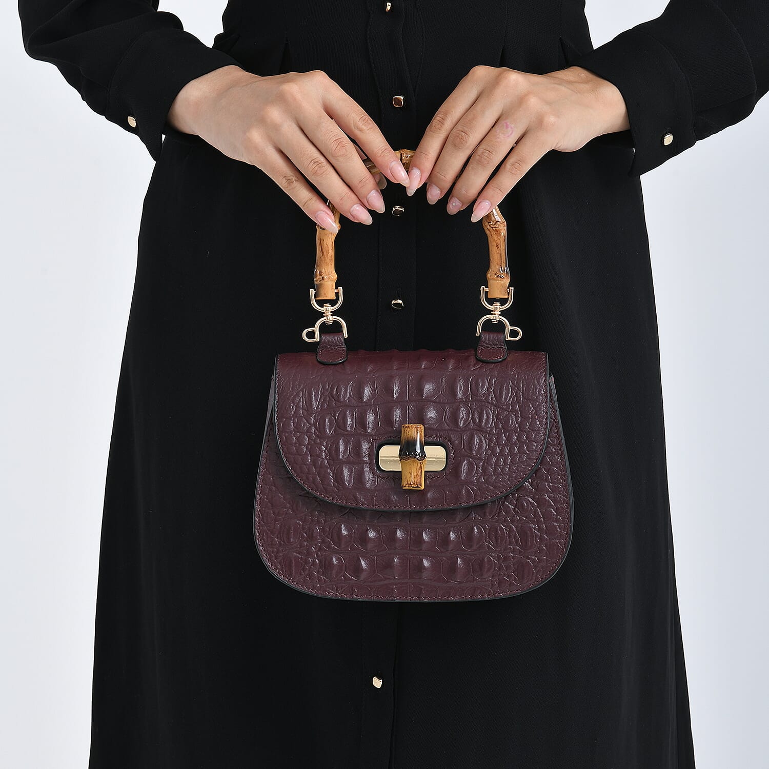 La Marey Snakeskin Embossed Genuine Leather Mini  Satchel Bag with Bamboo Handle - Dark Plum