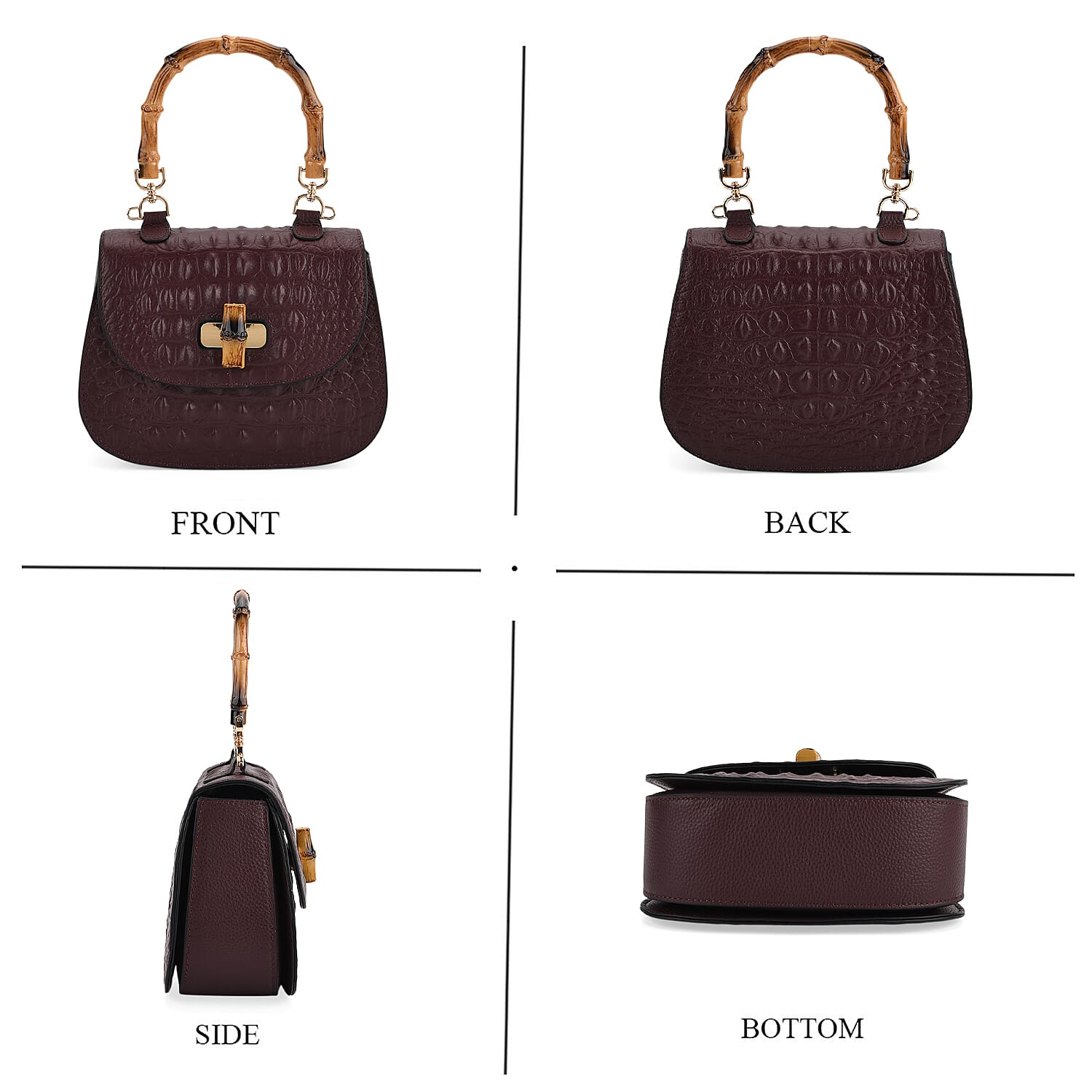 La Marey Snakeskin Embossed Genuine Leather Mini  Satchel Bag with Bamboo Handle - Dark Plum