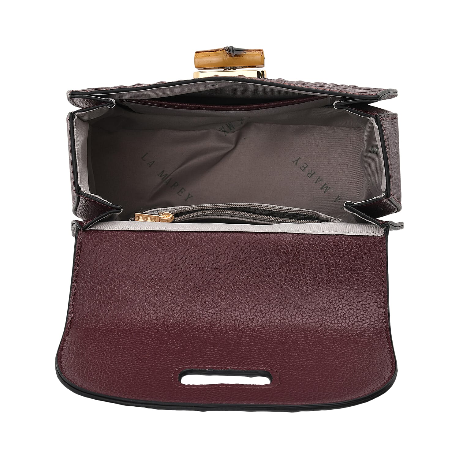 La Marey Snakeskin Embossed Genuine Leather Mini  Satchel Bag with Bamboo Handle - Dark Plum