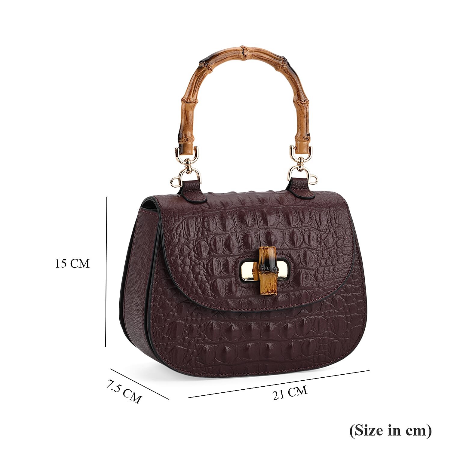 La Marey Snakeskin Embossed Genuine Leather Mini  Satchel Bag with Bamboo Handle - Dark Plum