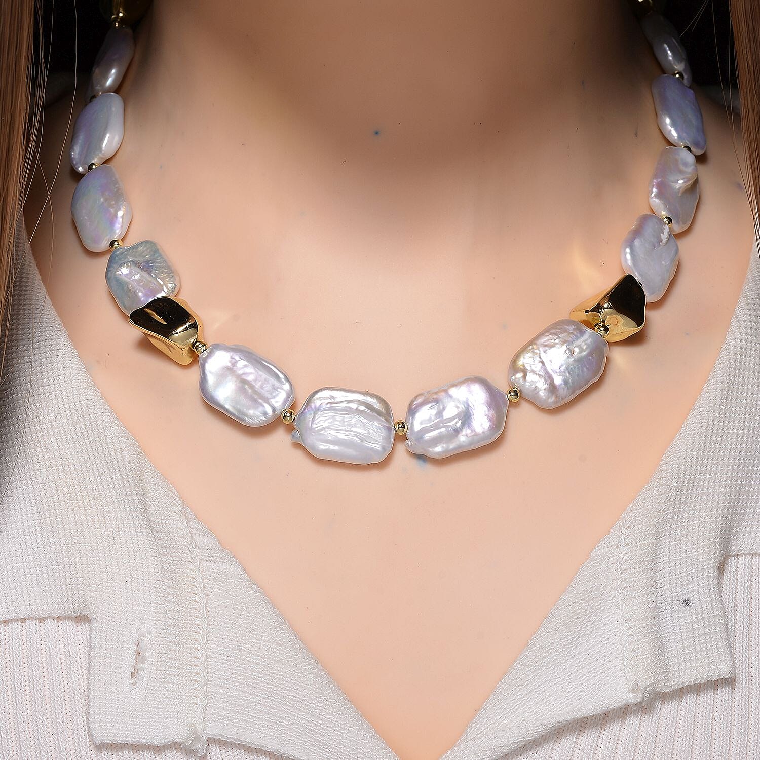 White Keshi Pearl Necklace (Size 20) with T-Bar Clasp