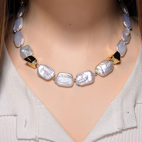 White Keshi Pearl Necklace (Size 20) with T-Bar Clasp