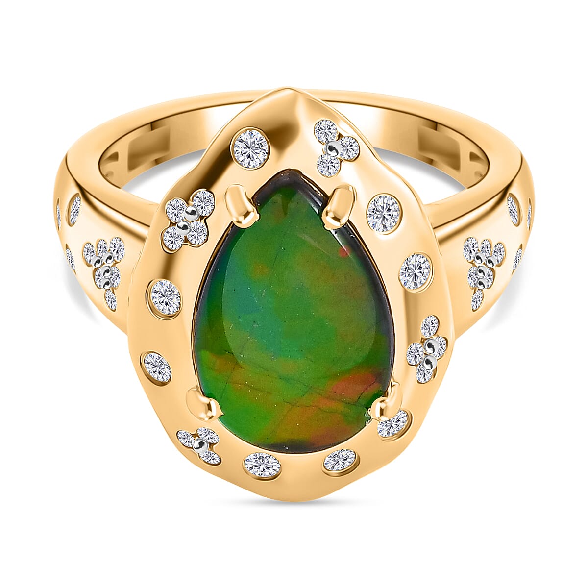 D'joy Ammolite & White Zircon Ring in 18K Vermeil Yellow Gold Plated Sterling Silver 2.86 Ct.