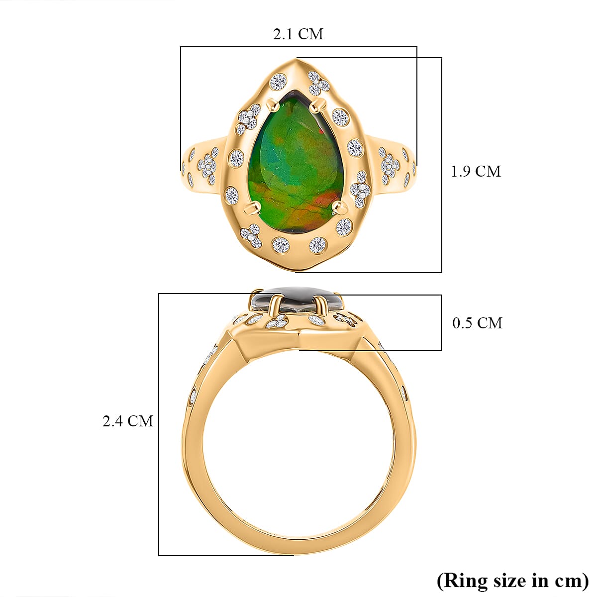 D'joy Ammolite & White Zircon Ring in 18K Vermeil Yellow Gold Plated Sterling Silver 2.86 Ct.