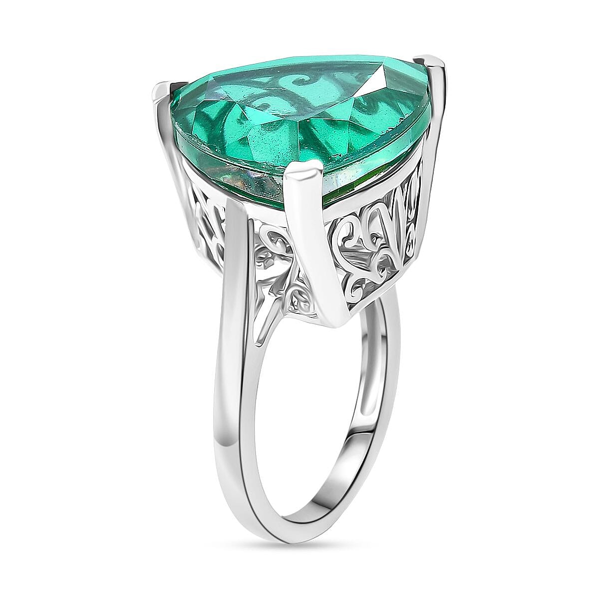 D'joy Peacock Triplet Quartz Solitaire Ring in Rhodium Overlay Sterling Silver 13.71 Ct.