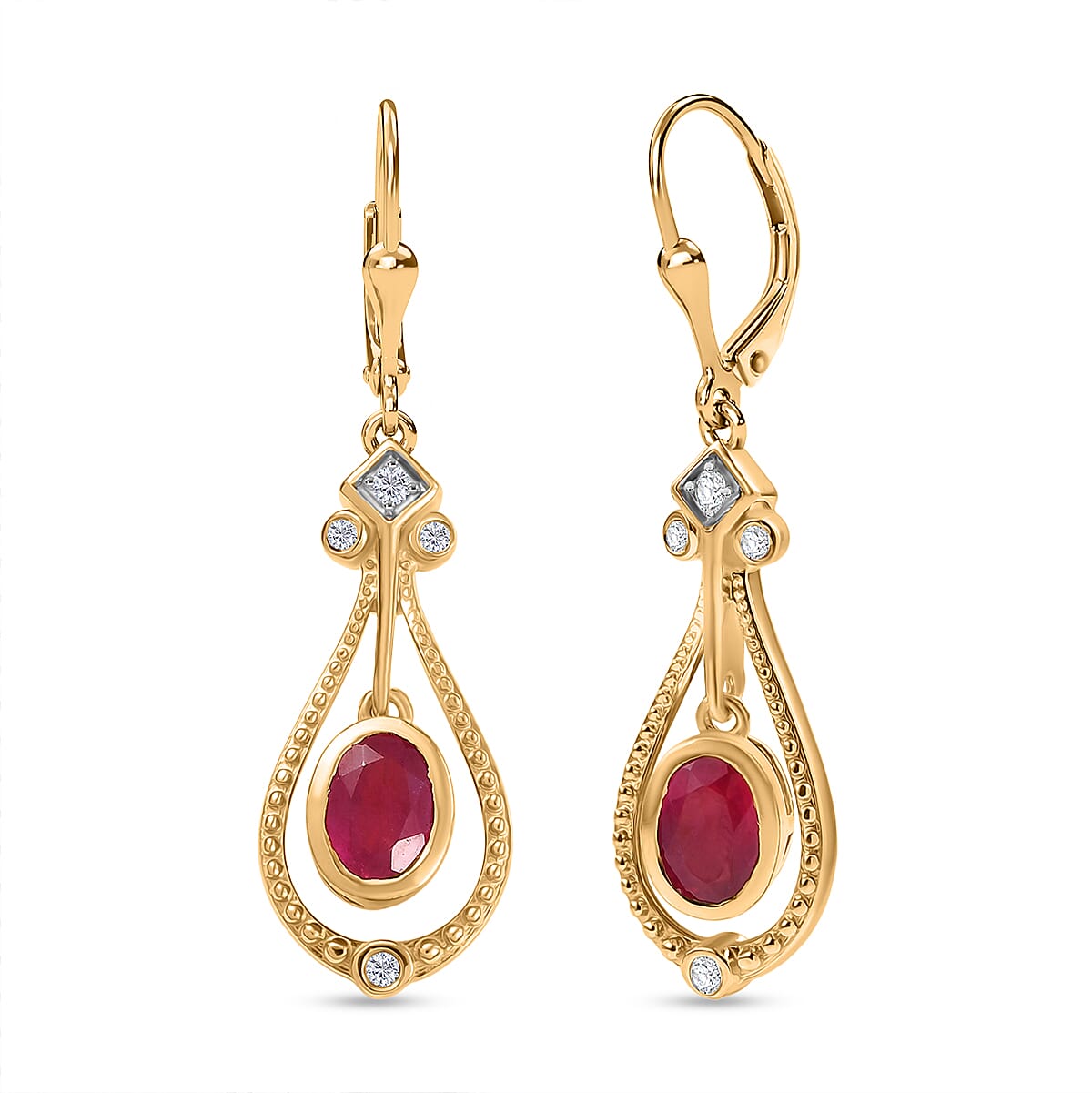Djoy African Ruby & White Zircon Dangling Earring in 14K Yellow Gold Plated Sterling Silver 2.39 Ct.