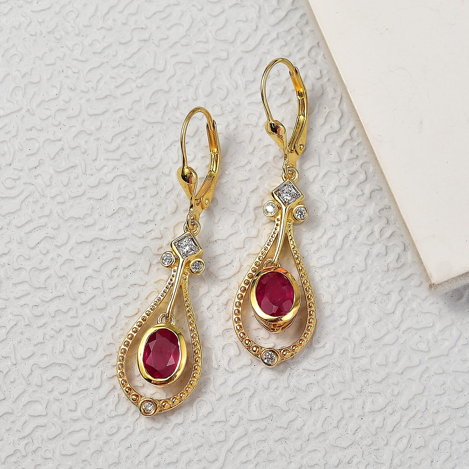 Djoy African Ruby & White Zircon Dangling Earring in 14K Yellow Gold Plated Sterling Silver 2.39 Ct.